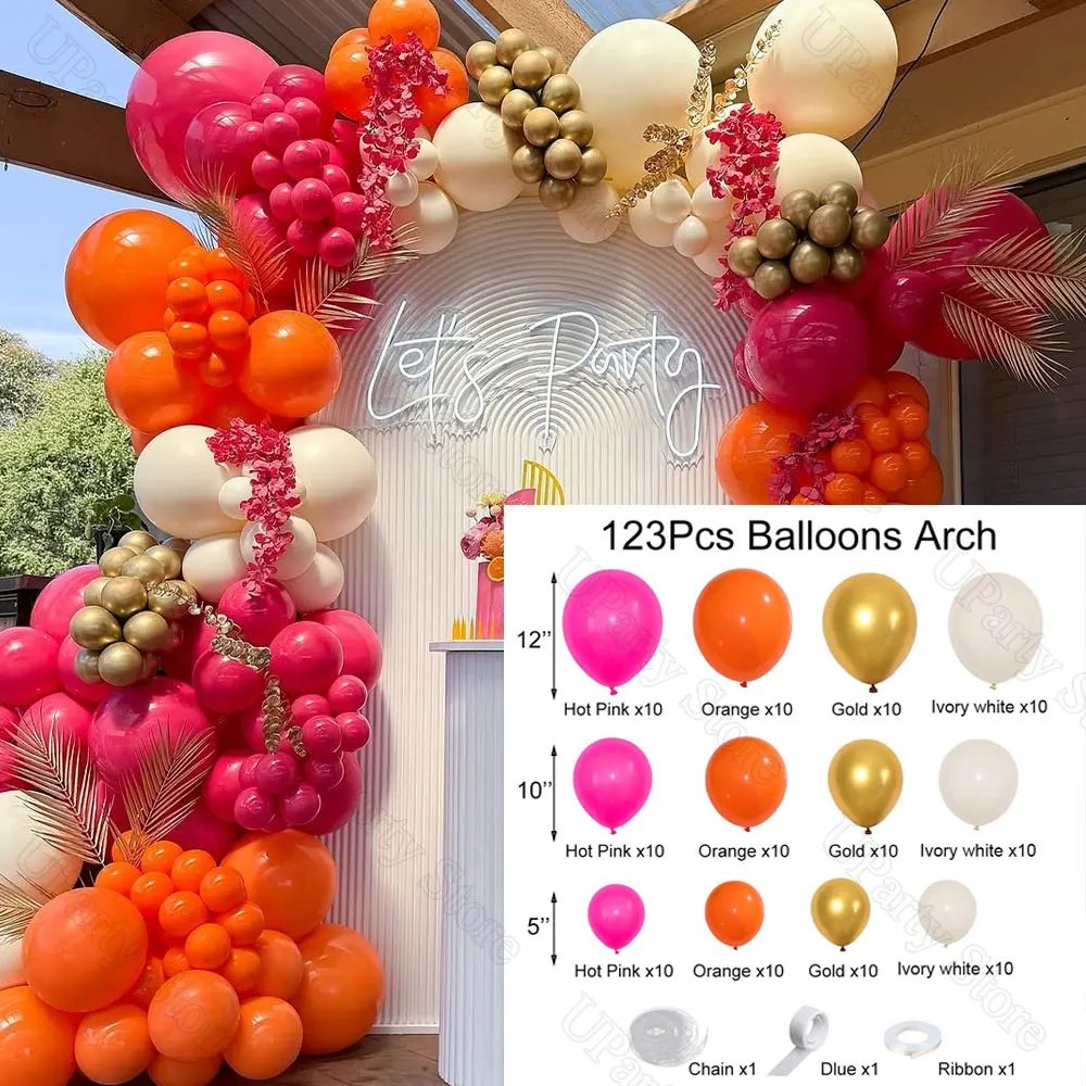 123Pcs Hot Pink Orange Balloons Garland Ivory Metal Gold Rose Pink Orange Balloon Arch for Birthday Wedding Let's Party Decor