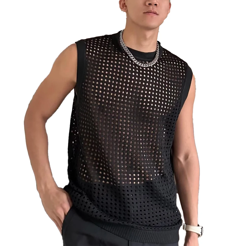 For Summer Wear For Men Sexy Transparent Vests Mens Mesh Tops Great For Lounging O-neck Neckline Regular Length