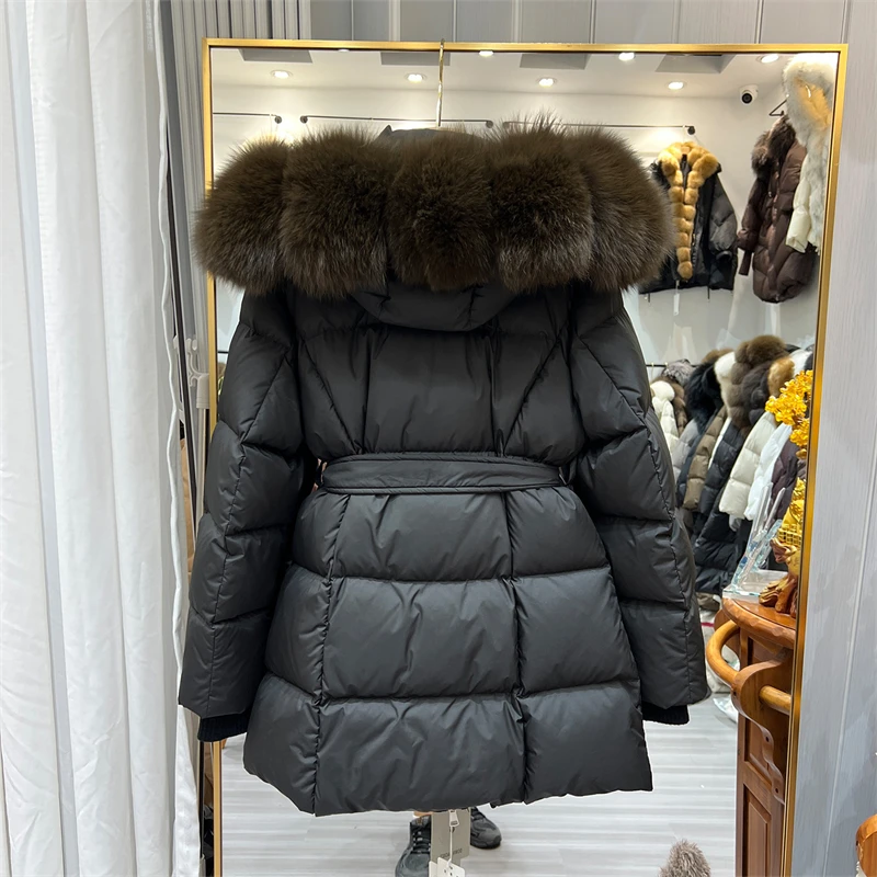 Women Winter Long Down Jacket Genuine Fox Fur Large Collar Hooded Slim Fit Waist Belt Warm Fashion Versatile Casual Winter Coat