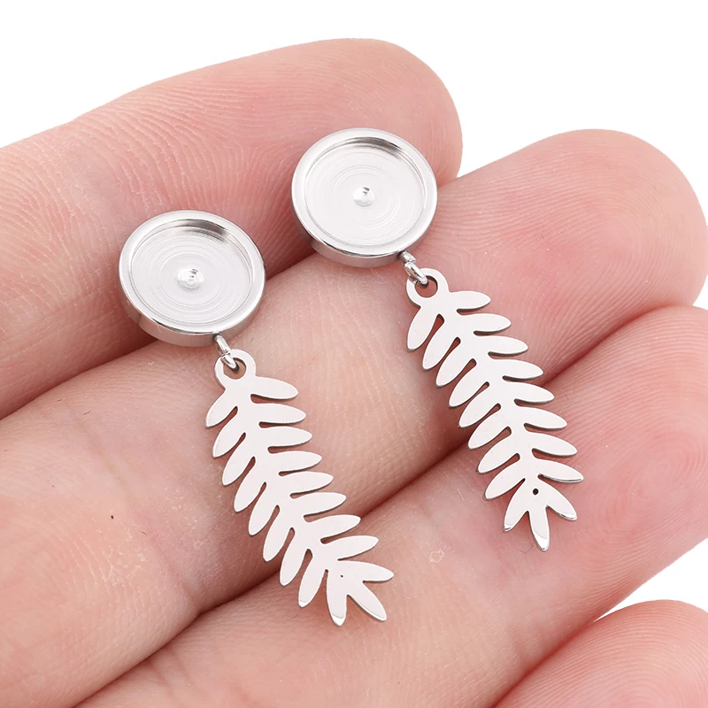 

10pcs Stainless Steel Feather Charm Earring Base Dangle Fit 8mm Cabochon Setting Blanks Diy Jewelry Making Findings