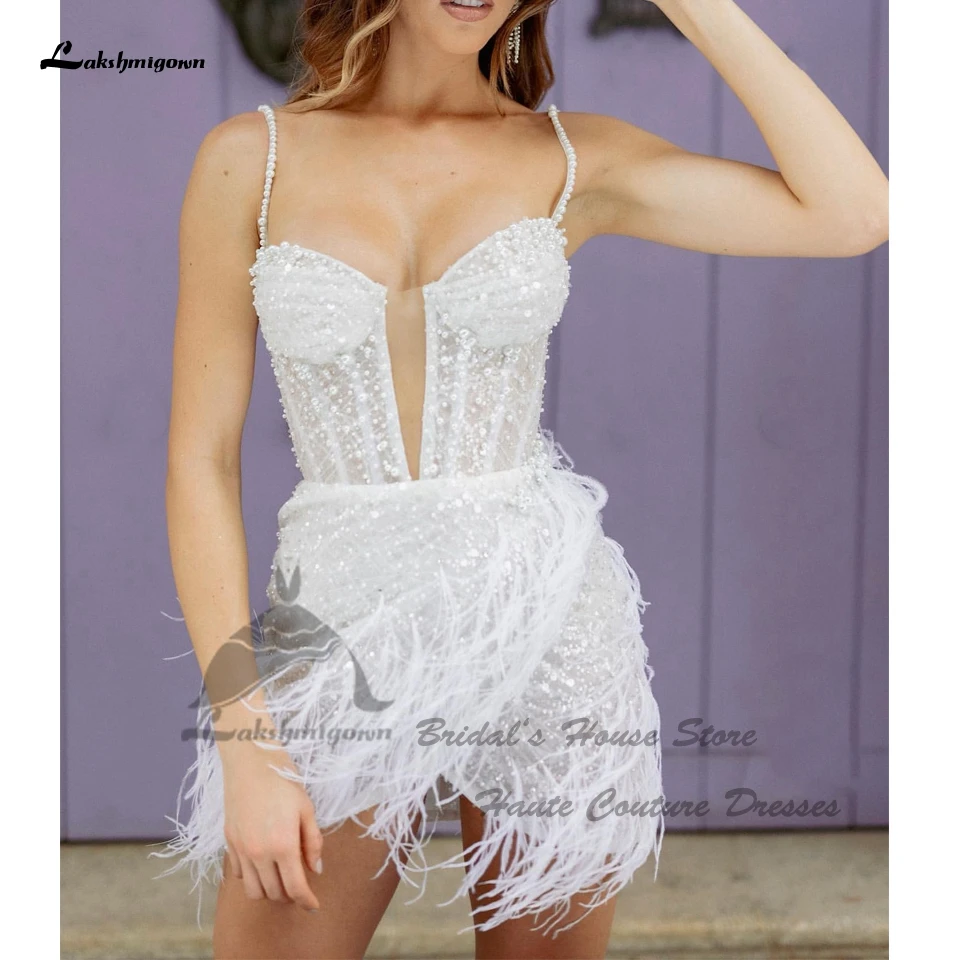 Yanshmigown-Robe de Mariée en Plumes Sexy, Tenue Courte Personnalisée, Perles de Luxe, ixdes Patients, Quelle que soit la Robe Novia Corto, 2024