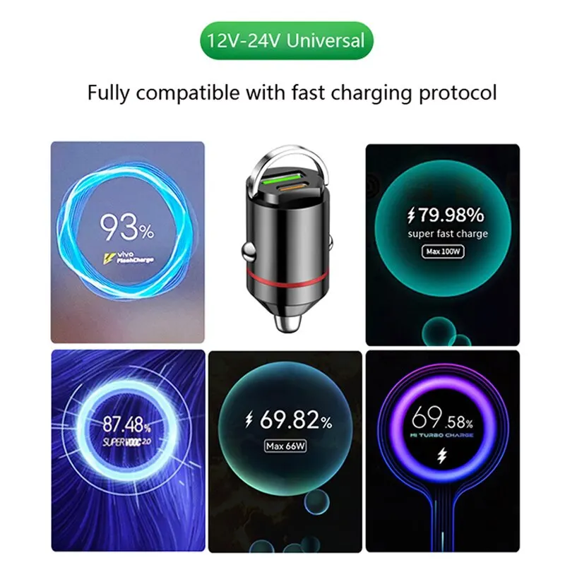 New Car Pull Ring Car Charger PD+usb Fast Charge Mini Hidden 66W Flash Charge Multi-function Car Charger Car