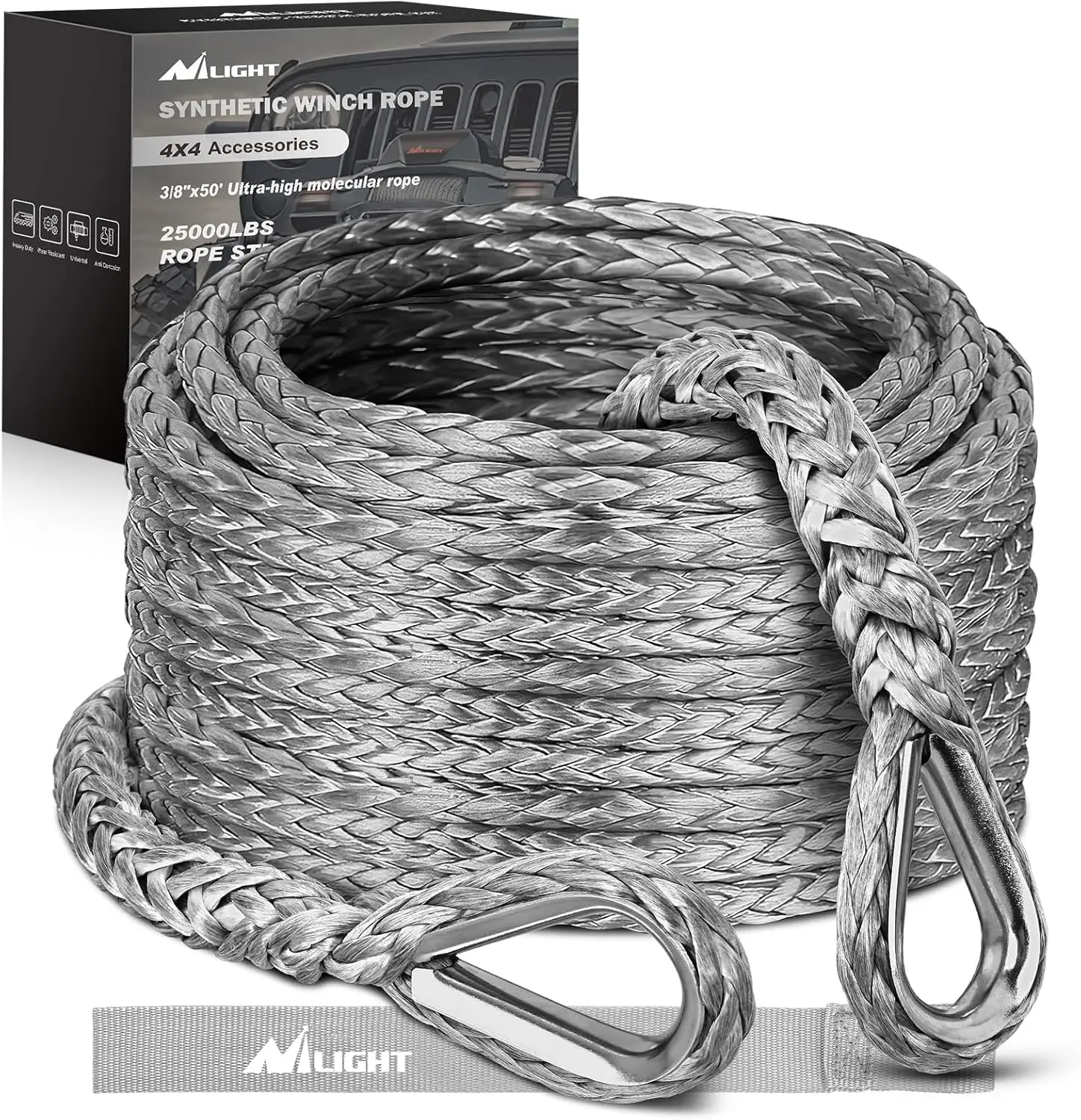 

Synthetic Winch Rope Extension 3/8 Inch x 50 Feet 25,000 Lbs ATV Winch Cable Replacement Tow Rope for Off Road Vehicle Polaris