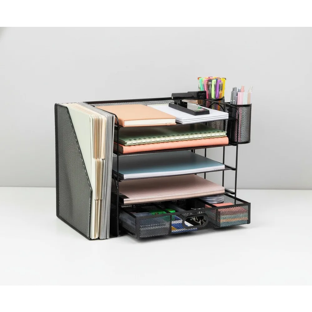 منظم مكتب شبكي مكون من 4 صواني مع درج وحامل ملفات وأكواب أقلام - حل تخزين سطح المكتب المعدني باللون الأسود