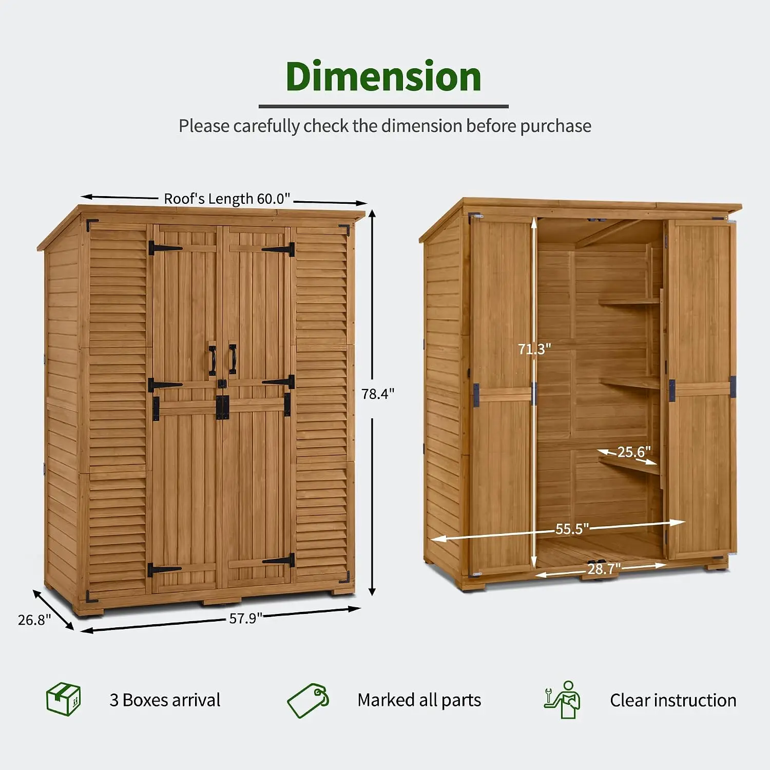 Outdoor Storage Cabinet with Shelves, Wooden Shed, Garden Tool Organizer, Weatherproof, Natural Finish, Customized - view 3