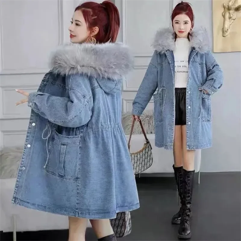 Women\'s Jeans Coat New Winter Denim Coats Thick Wool Denim Jacket Korea Loose Hooded Fur Collar Long Clothes Outerwear Female