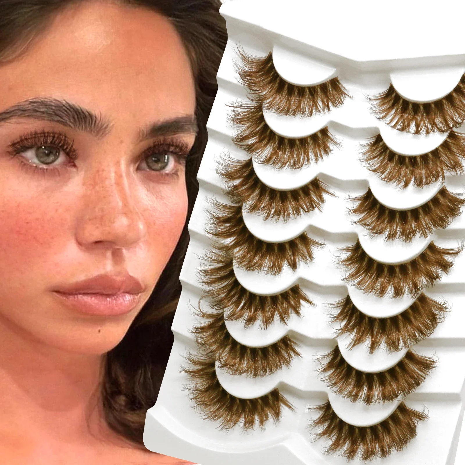 Veltrinay Brown Lashes Wispy Fluffy False Eyelashes Cat Eye Lashes Brown Eyelashes Clear Band D-Curly Fake Eyelashes Makeup