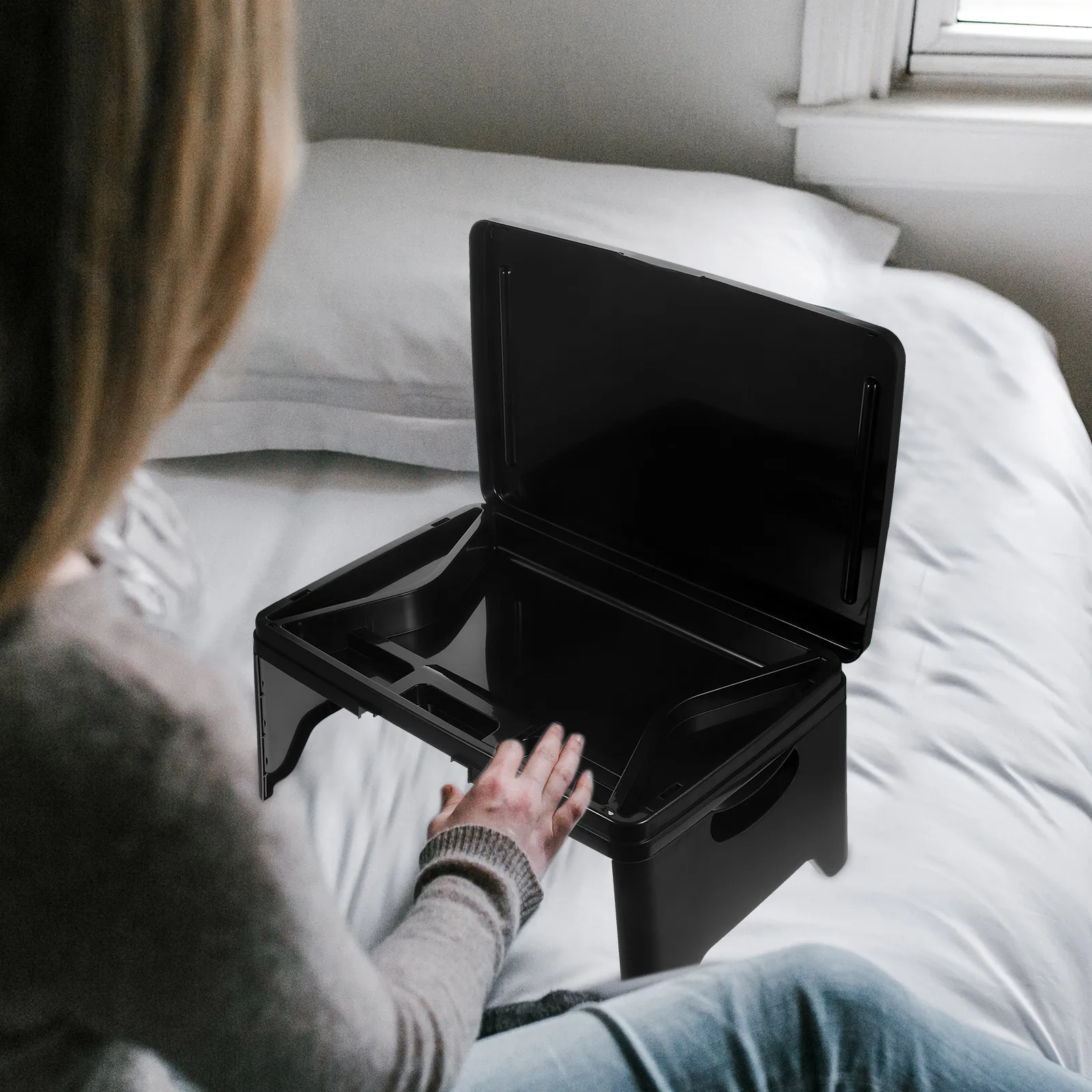 

Folding Table Lap Desk Black Portable Laptop Stand Storage Compartment Multifunctional Computer Tray Desk Home Office Stable