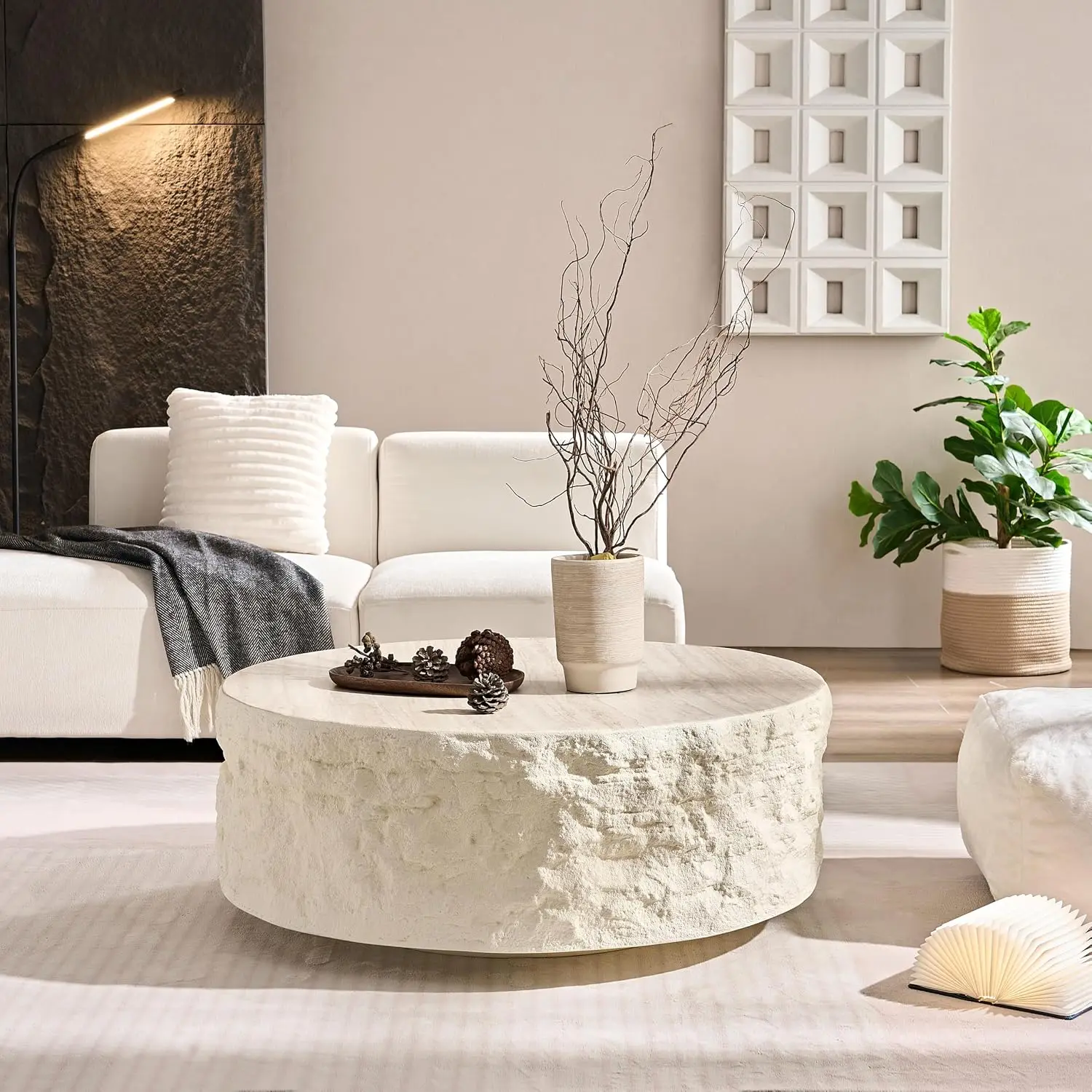 Round Coffee Table for Living Room Circle Coffee Table Modern Drum Center Table for Apartment, No Need Assembly (Fiberglass 35.4