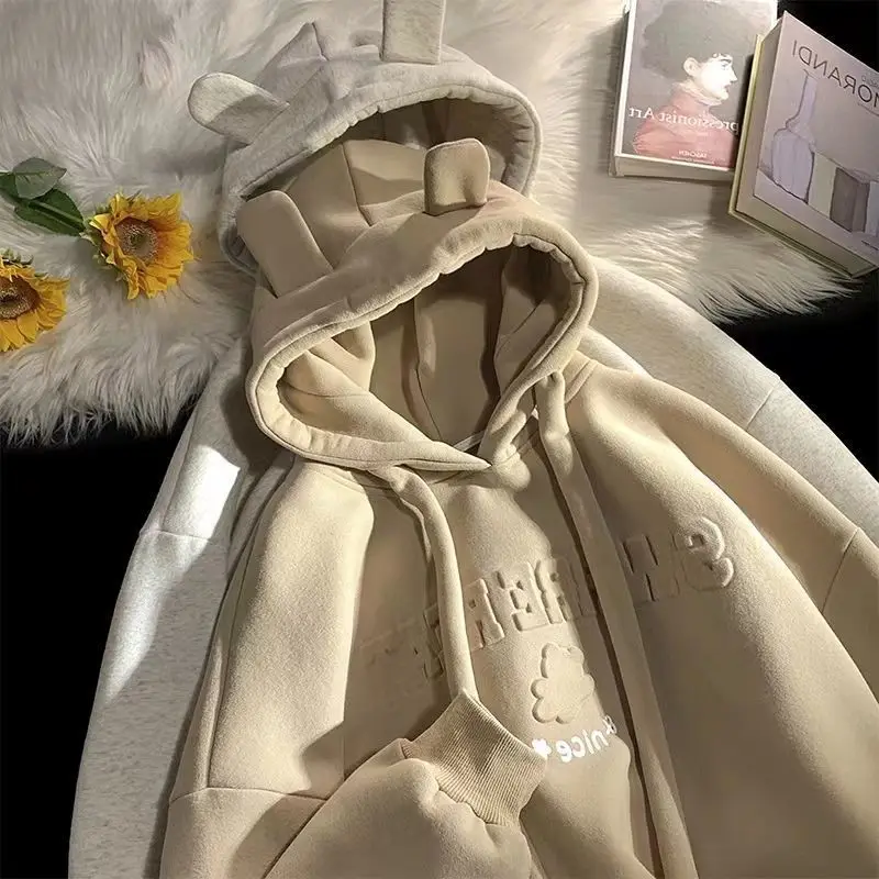 

Женская толстовка с ушками медведя, утепленная, свободного кроя, осенне-зимняя, в корейском стиле, с длинными рукавами, повседневная, удобная, топ