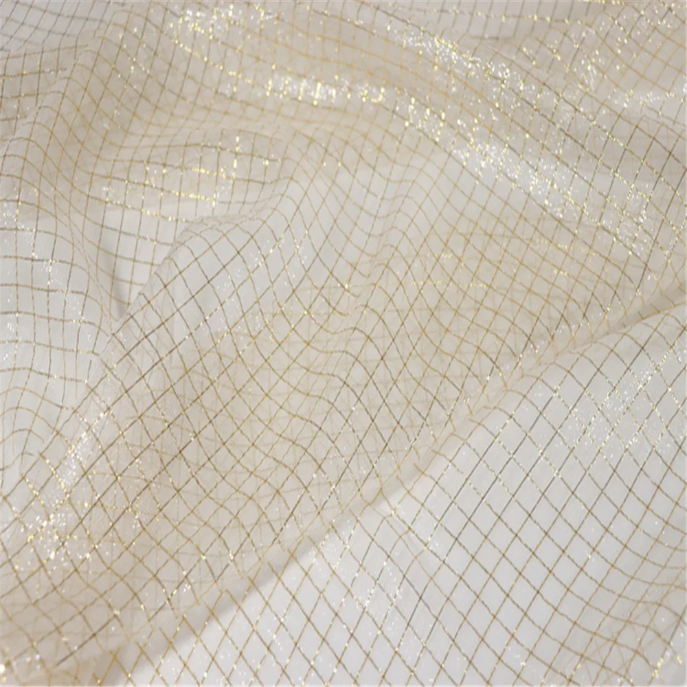 Environmental Mulberry Natural Silk Metallic Fabric Peace Somali 90CM Gold Grid White for Women Saree Panrs Dress Summer Queen