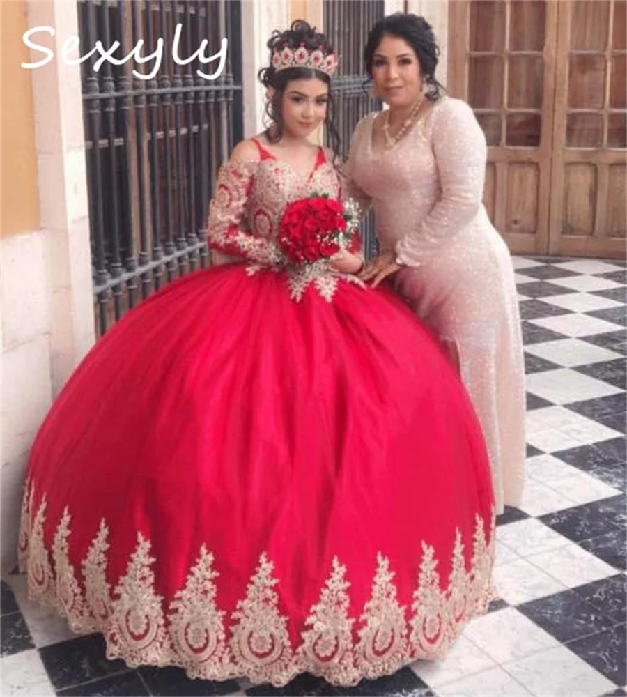 Abiti da principessa Quinceanera blu Navy con applicazioni dorate corsetto a maniche lunghe Vestidos De Xv asenos Ball Gown sedici compleanni