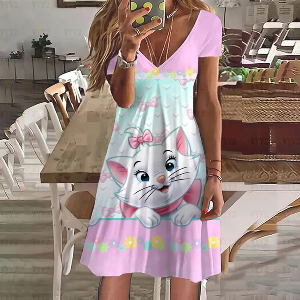 Moda e elegante disney marie gato impressão simples solto e confortável novo verão feminino com decote em v vestido de manga curta