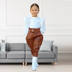 Kids Girls Autumn Clothes Sets Fashion Solid Long Sleeve Tops+PU Pants Kids Girl Clothing 1 2 3 4 5 6 Years Children Outfits