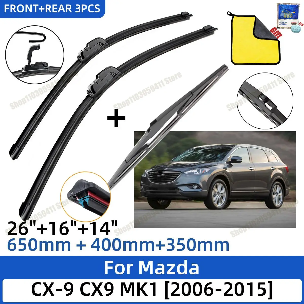 

For Mazda CX-9 CX9 MK1 Front Rear Wiper Blades Set Windshield Windscreen Car Accessories J U Hook 2006-2015