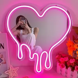LED Heart Neon Sign Light for Bedroom Girl's Room Party Studio Shop Decor Melt Heart with Mirror Sign Perfect Birthday Gift