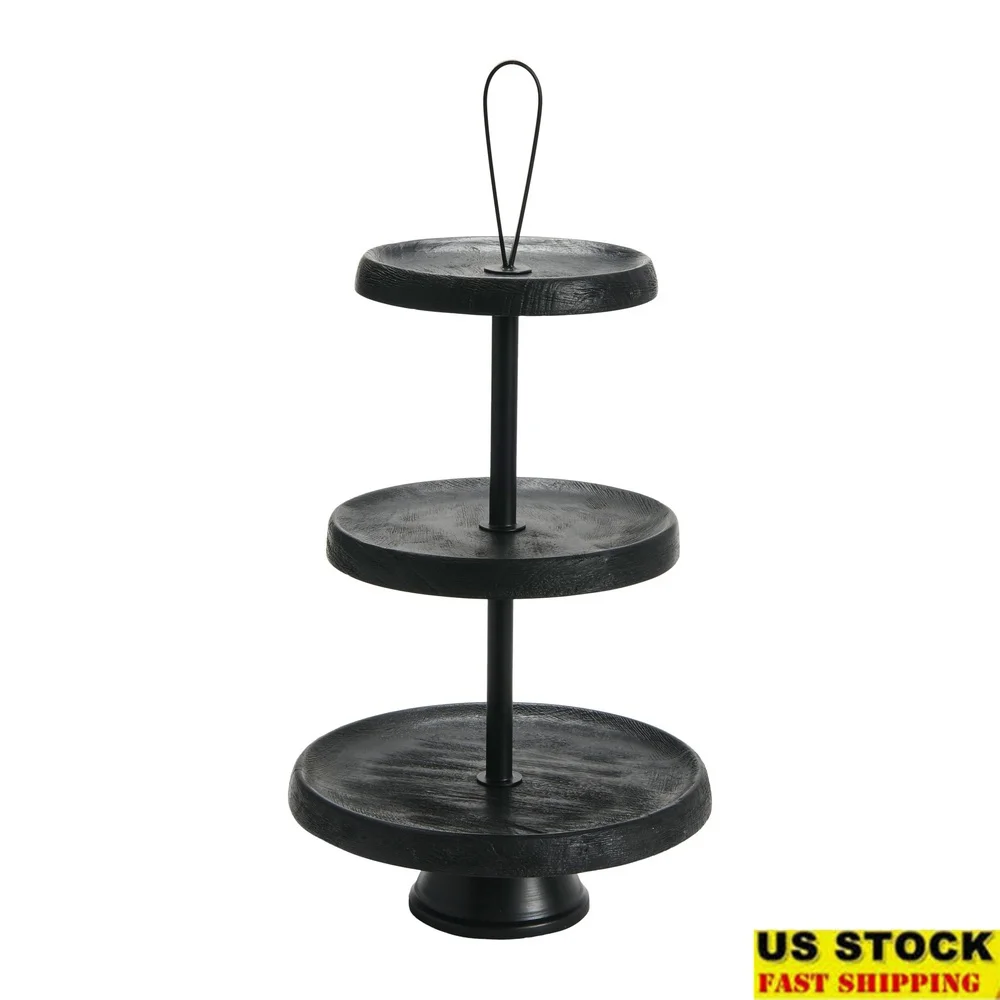 

Elegant 3 Tiered Cake Stand Black Mango Wood Dessert Serving Tower Modern Display Tray Weddings Parties Home Decor