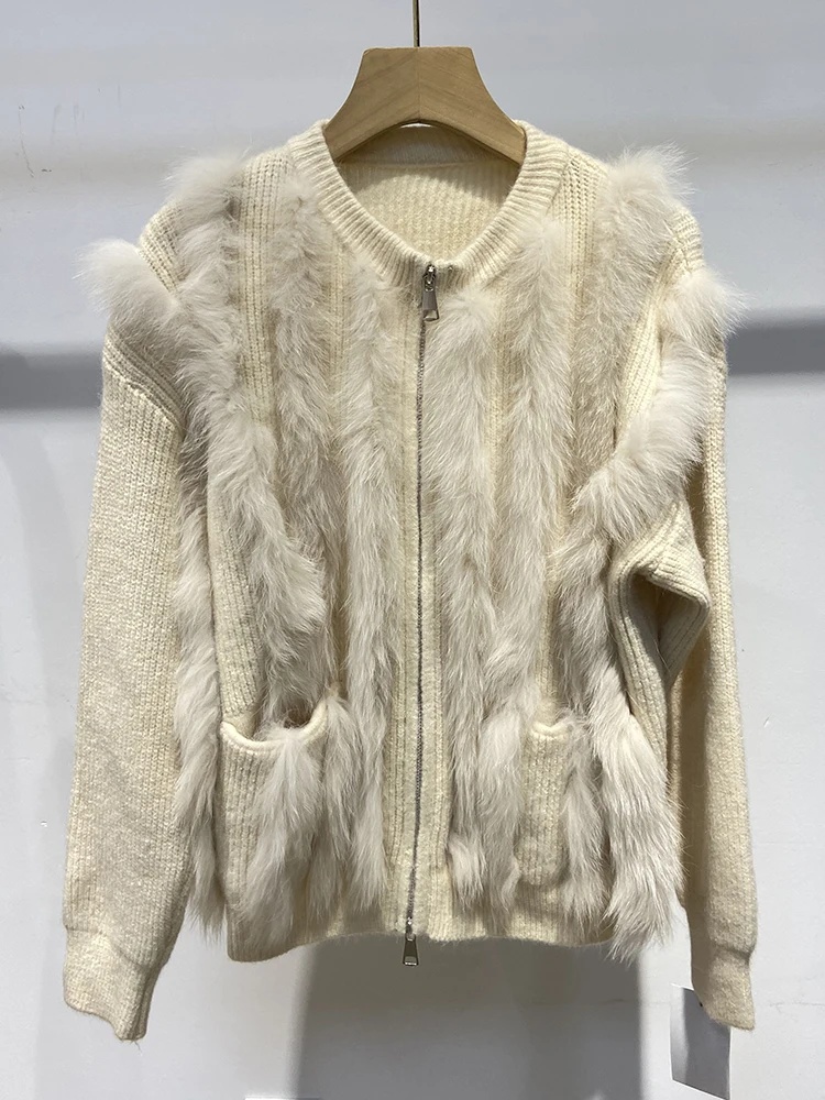 

Women Winter Real Fox Fur OverSize Coat Autumn Fox Fur Loose Knitted Jacket Lady's Zipper Sweater Coat