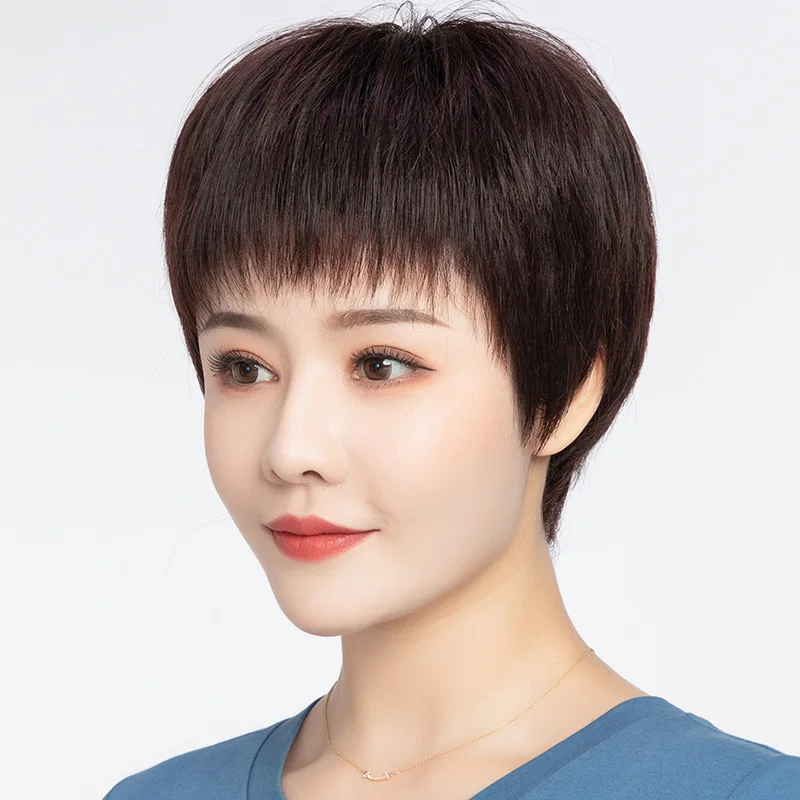 شعر بشري قصير نمط شعر مستعار للنساء الآسيويات في منتصف العمر وكبار السن آلية شعر مستعار طبيعي واقعي تنفس 2 ألوان الاستخدام اليومي #3