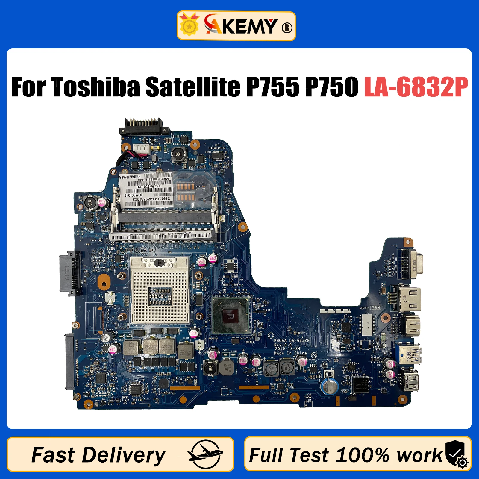 

Материнская плата AKEMY для ноутбука Toshiba Satellite P755 P750 A665 A660, материнская плата PHQAA LA-6832P, материнская плата HM65 DDR3