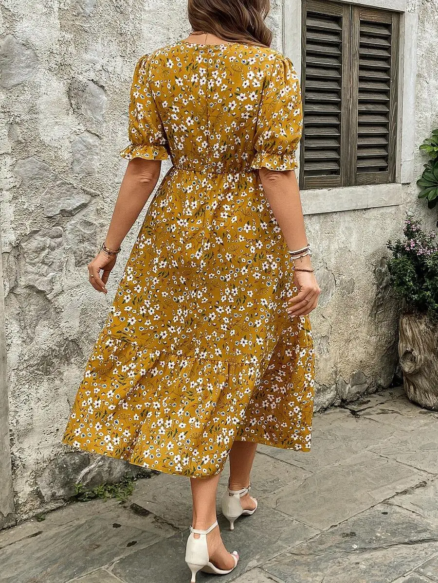 

Casual Ditsy Floral Puff Sleeve Midi Dress For Women