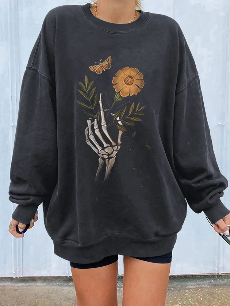 Seeyoushy Never Better Funny Skull Print Women Sweatshirts Drop Shoulder Pullovers Vintage Sweatshirt Casual Harajuku Fun Tops