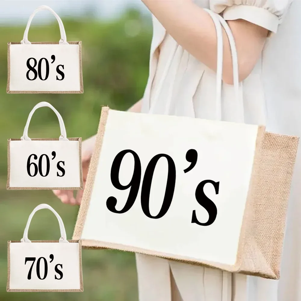 Tote Bag Shopping Bags Reusable Jute Burlap Handbags for Women Grocery Eco Female Cloth Shopper Bag Purse Years Pattern Series