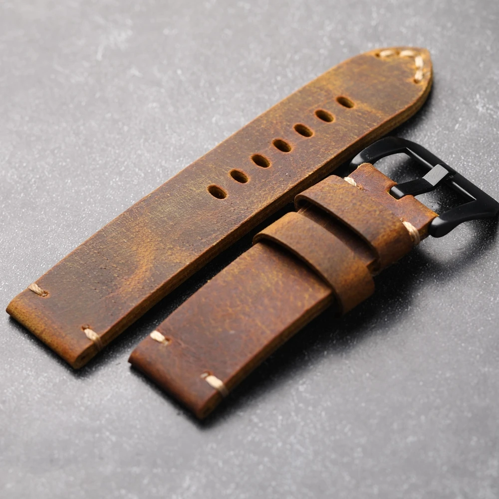 Handmade Thick Brown Leather Strap 24MM Vintage Soft Old Bracelet For PAM111 441 44mm Dial Men Watchbands