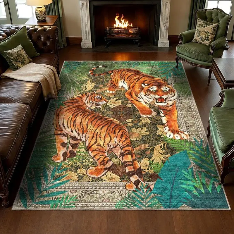 VIKAMA Vintage Jungle Tiger Floor Mat Tropical Leaf Floral Print Non Slip Area Rug For Living Room Sofa Home Decor