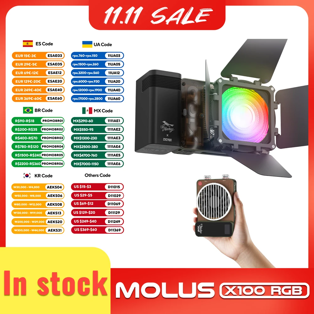 

ZHIYUN Official Molus X100 RGB LED Light 100W COB Video Lamp APP Control Portable Photography Lighting for Studio Youtube Vlog