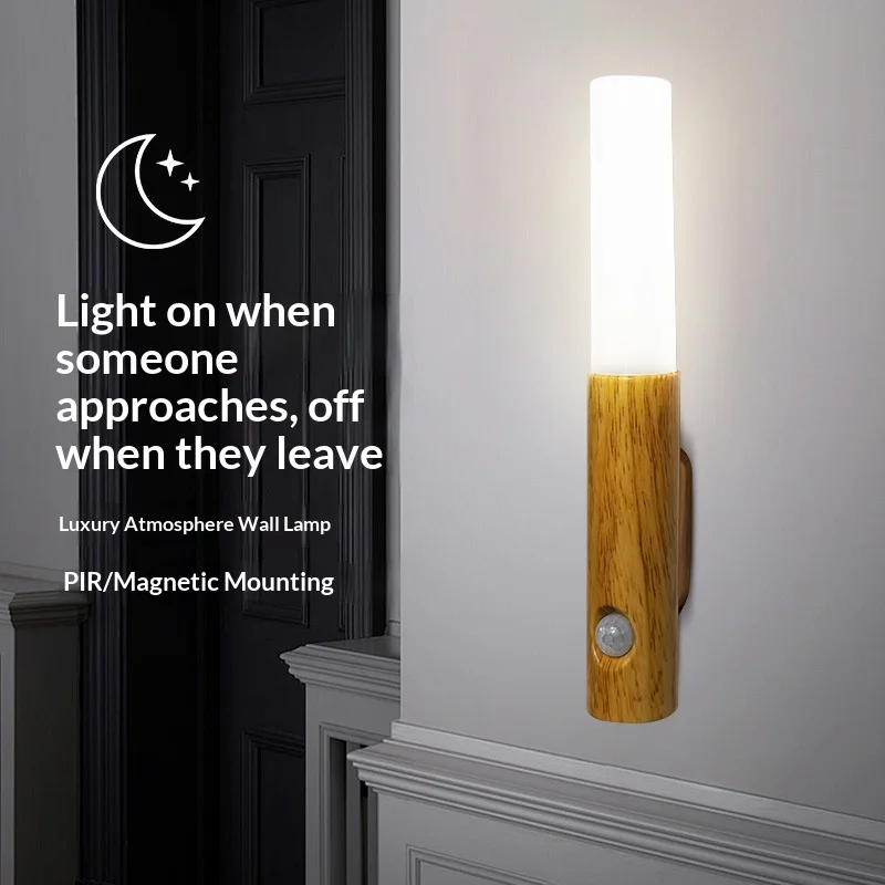 Wood Grain LED Wall Light with Motion Sensor Rechargeable Night Lamp for Bedroom Corridor Stairway Closet and Interior Lighting