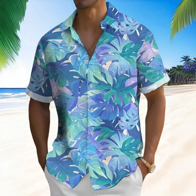 Camisa havaiana com estampa 3D de flores de praia masculina, camisas masculinas de manga curta, roupas largas, diárias, casual, 2024