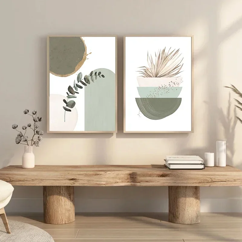 Abstract Sage Green Plant Leaves Canvas Painting with Frame Boho Botanical Posters for Living Room Wall Art Pictures Home Decor