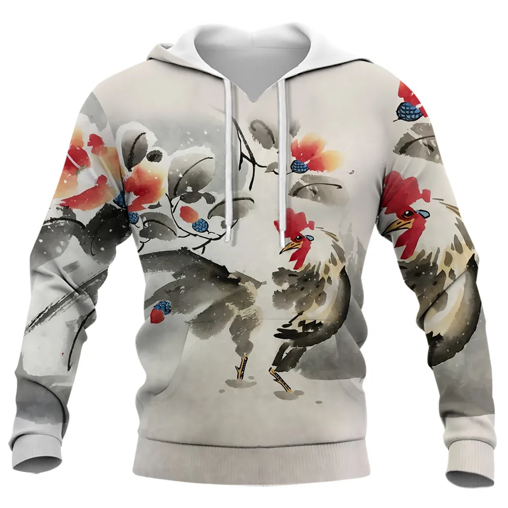 HXFashion Animal Hoodies Ink Painting Rooster Art 3D Printed Sweatshirts Men Women Casual Streetwear Harajuku Hoodie S-7XL