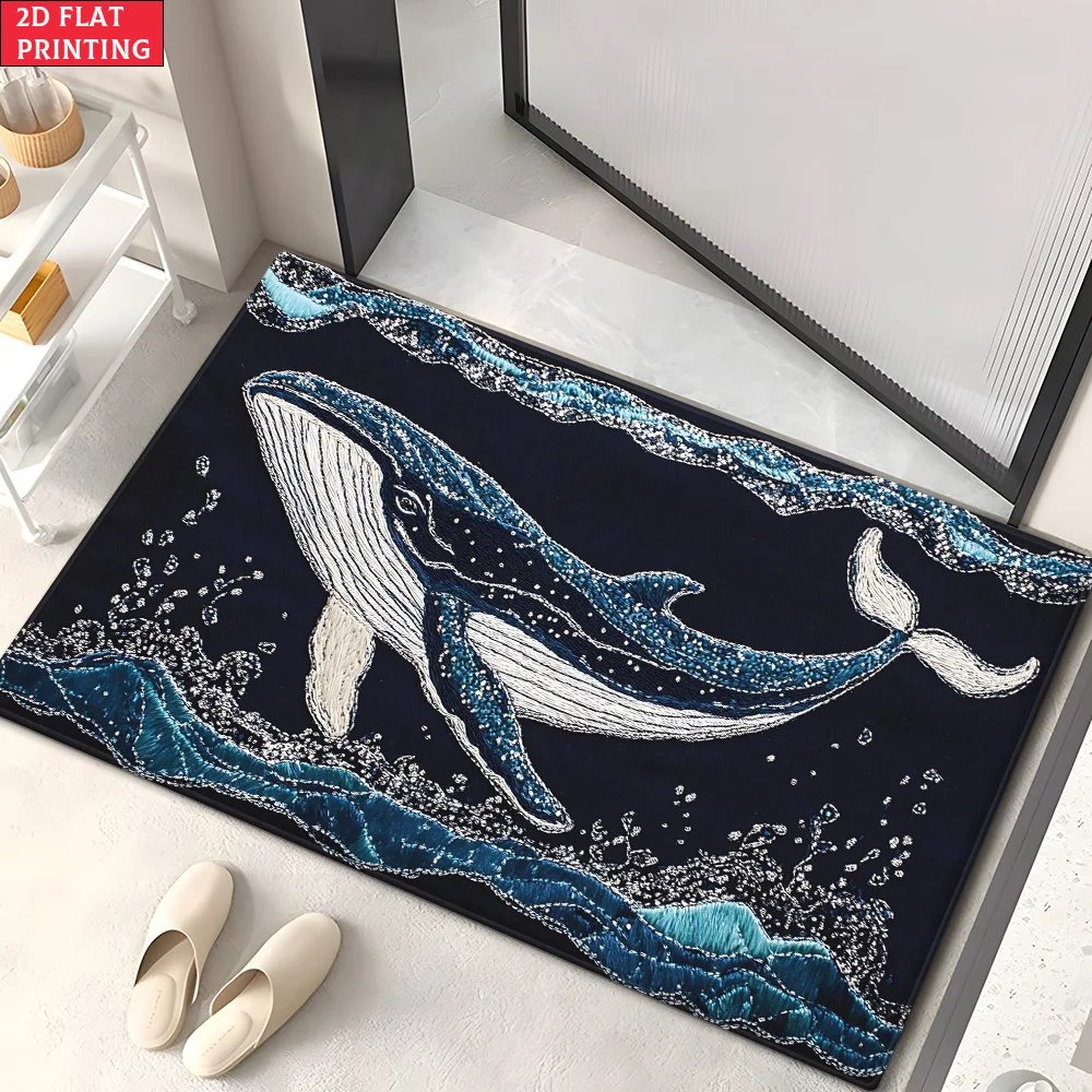 Majestic Whale Ocean Mural Doormat Mat for Entryway Hallway Home Decor Nautical Coastal Marine Life Bathroom Floor Rug Polyester