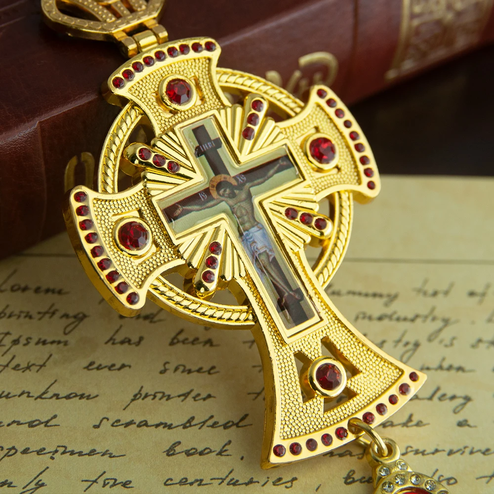 Gold Plated Orthodox Pectoral Cross Necklace with Crown, Blue/Red Gemstones & Jesus Icon for Christian Clergy Liturgical Wear view 3