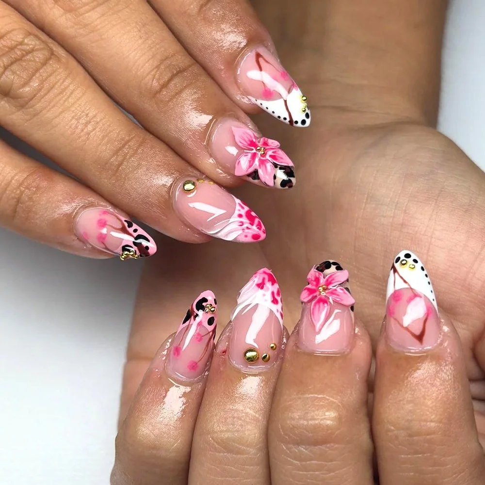

24Pcs Mid-length French Almond False Nails Press on Red Smudge 3D Flower with Design Fake Nails Detachable Full Cover Nails Tips