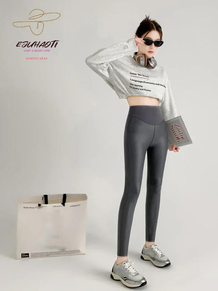 Leggings Sexy in pile di pelle PU da donna cadono nuovi pantaloni attillati elasticizzati pantaloni Fitness con giunture in vita ad alta elasticità