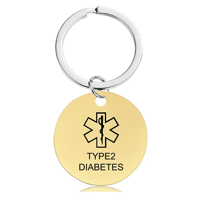 Stainless Steel Diabetic Key Chain Star of Life Diabetes Round Keyrings Medical Alert ID Pattern Jewelry for Women Men Gifts