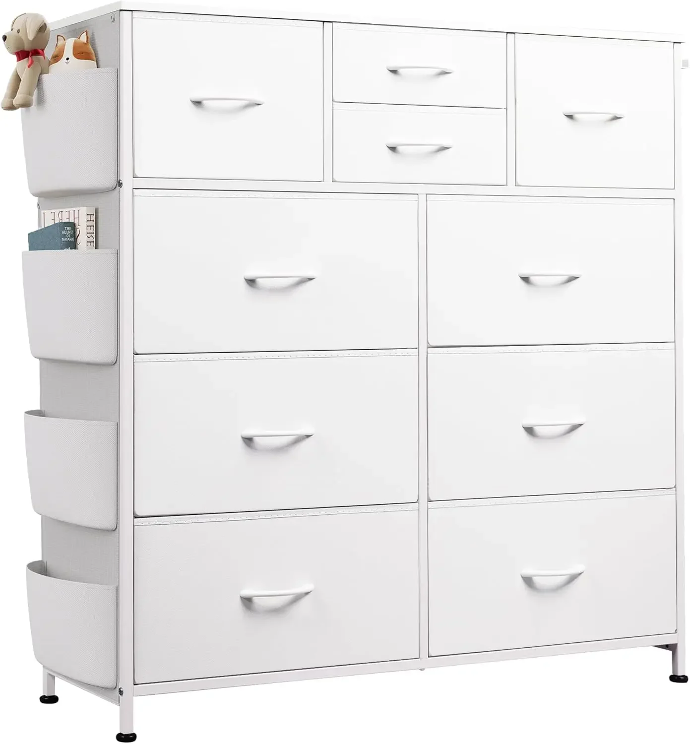 WLIVE White Dresser with 10 Drawers, Chest Organizer with Side Pockets & Hooks, Metal Frame for Living Room, Hallway, Closet