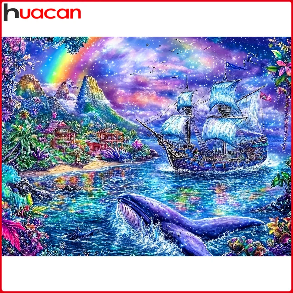 Huacan Neuheiten Diamantmalerei Regenbogen-Segelboot Wal Diamant-Mosaik Landschaft Komplettes Set Bastelset