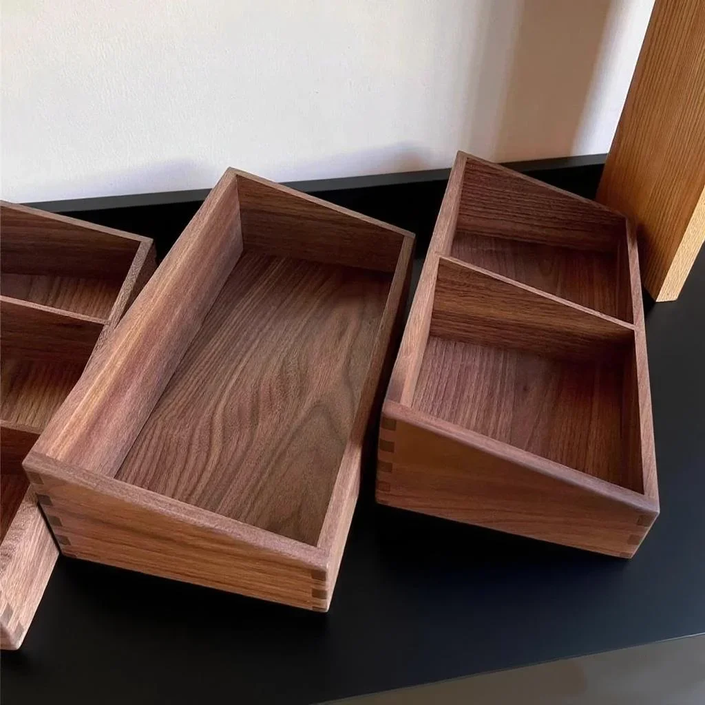 Creative Black Walnut Inclined Partition Storage Box, Dovetail Craftsmanship Solid Wood Table Organizer for Small Items