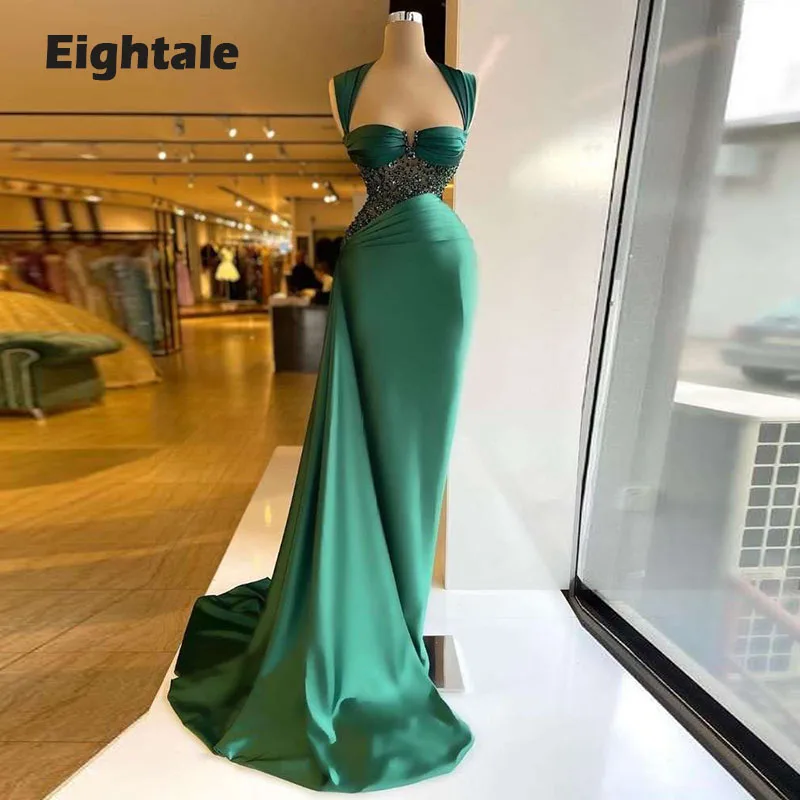 

Eightale Arabic Evening Dresses Emerald Green Beaded Rhinestones Mermaid Prom Gown Satin Long Celebrity Party Dress 2022