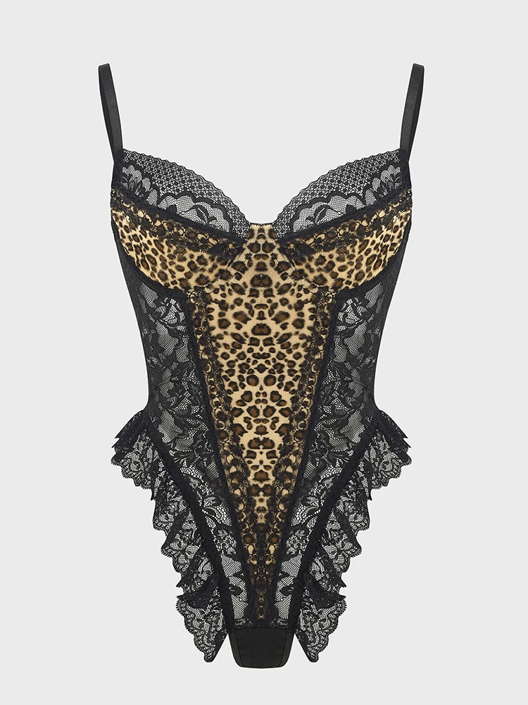 Sexy Lace Leopard Pattern Bodysuits Vintage Chic Slim Top Clothing Female Spaghetti Strap Sleeveless Backless Adult Shaper