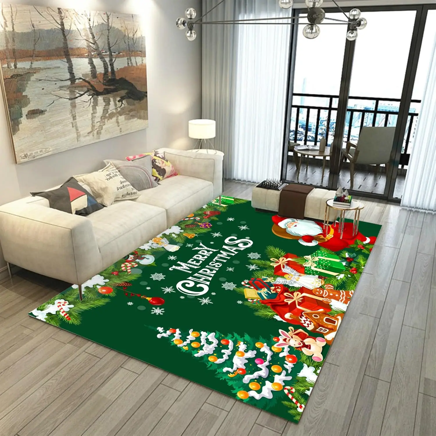 

Christmas Green Area Rug Merry Christmas Santa Claus Rugs Xmas Tree Gingerbread Holiday Carpet for Living Room Bedroom Home
