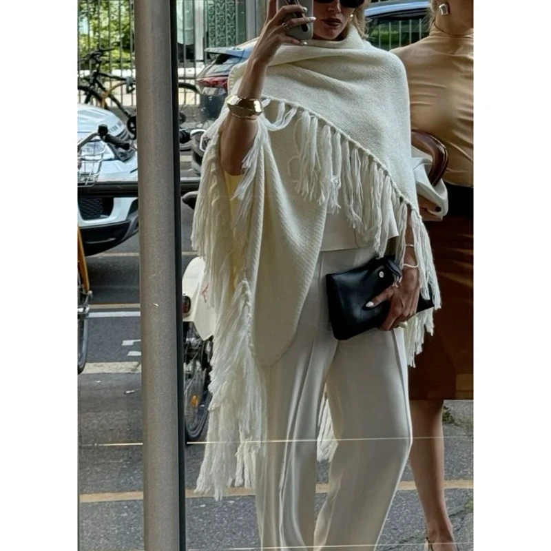Combhasaki Damesponcho Wollen Sjaal Verpakt Cape Pashmina met Kwastjes Y2k Poncho Trui Gebreid Vest voor Herfst en Winter