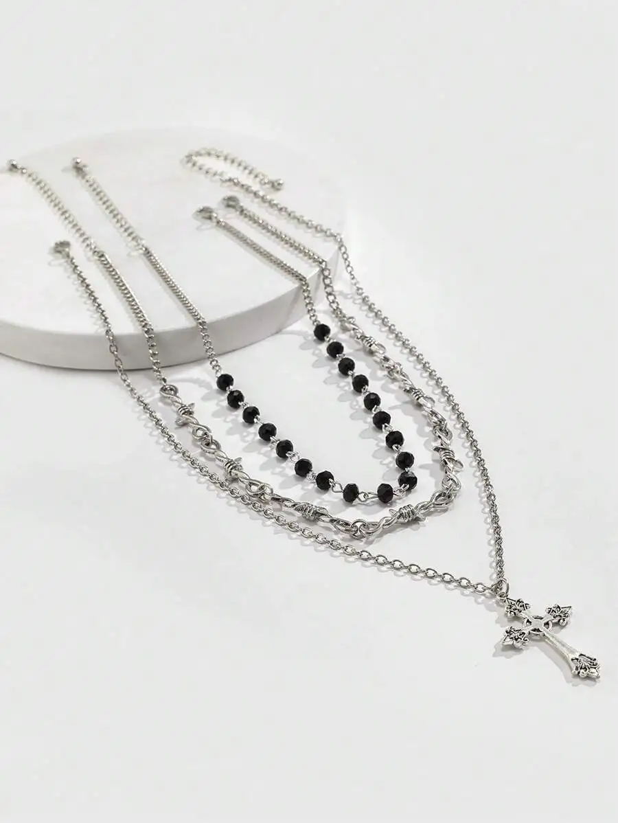 

Набор из 3-х многослойных ожерелий в готическом стиле с подвеской-крестом и цепочкой из колючей проволоки