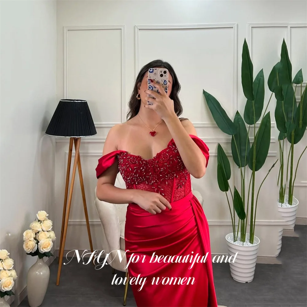 NFYN robes de soirée rouge en Satin épaules dénudées robe de bal sirène robes de nuit perlée et dentelle robe de célébrité pour femme personnalisée