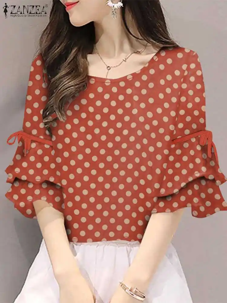 ZANZEA Women Elegant Half Flared Sleeve Blouses Korean Fashion Polka Dots O Neck Lace-Up Blusas Mujer Summer Casual Holiday Tops