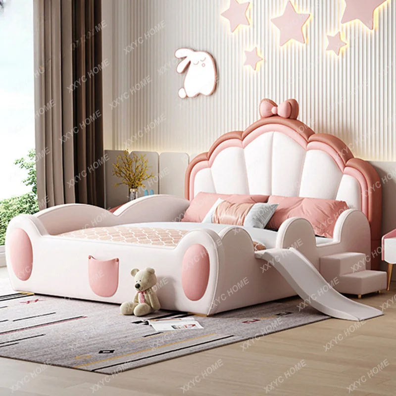 Bed Modern Sliding Ladder Bed Solid Wood Leather Pink Bed with Guardrail Slide Single Bed